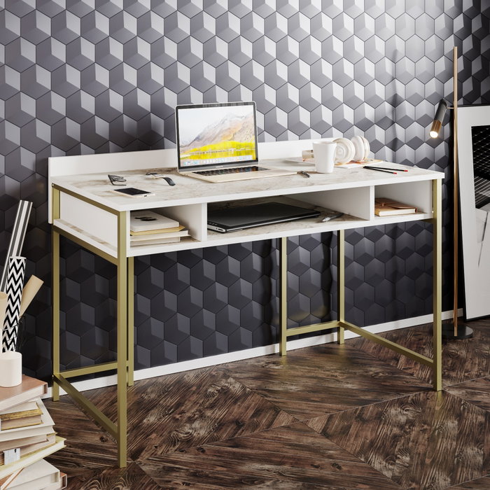 Hanah Home Mesa de Estudio Gold, Escritorio Glamuroso Blanco y Dorado, 120x75x60 cm
